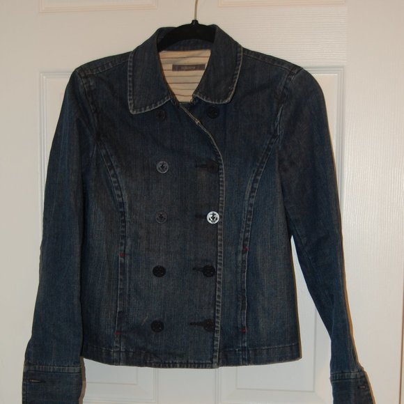 LIZ CLAIRBORNE Short Blue Denim Pea Coat Jacket W/ Anchor Buttons  SIze 8 - Picture 2 of 10